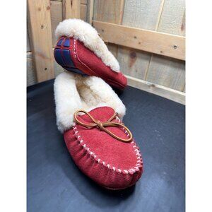 Acorn Womens Moccasin Slippers Size 9 Red Suede Australian Sheepskin Fur Lining